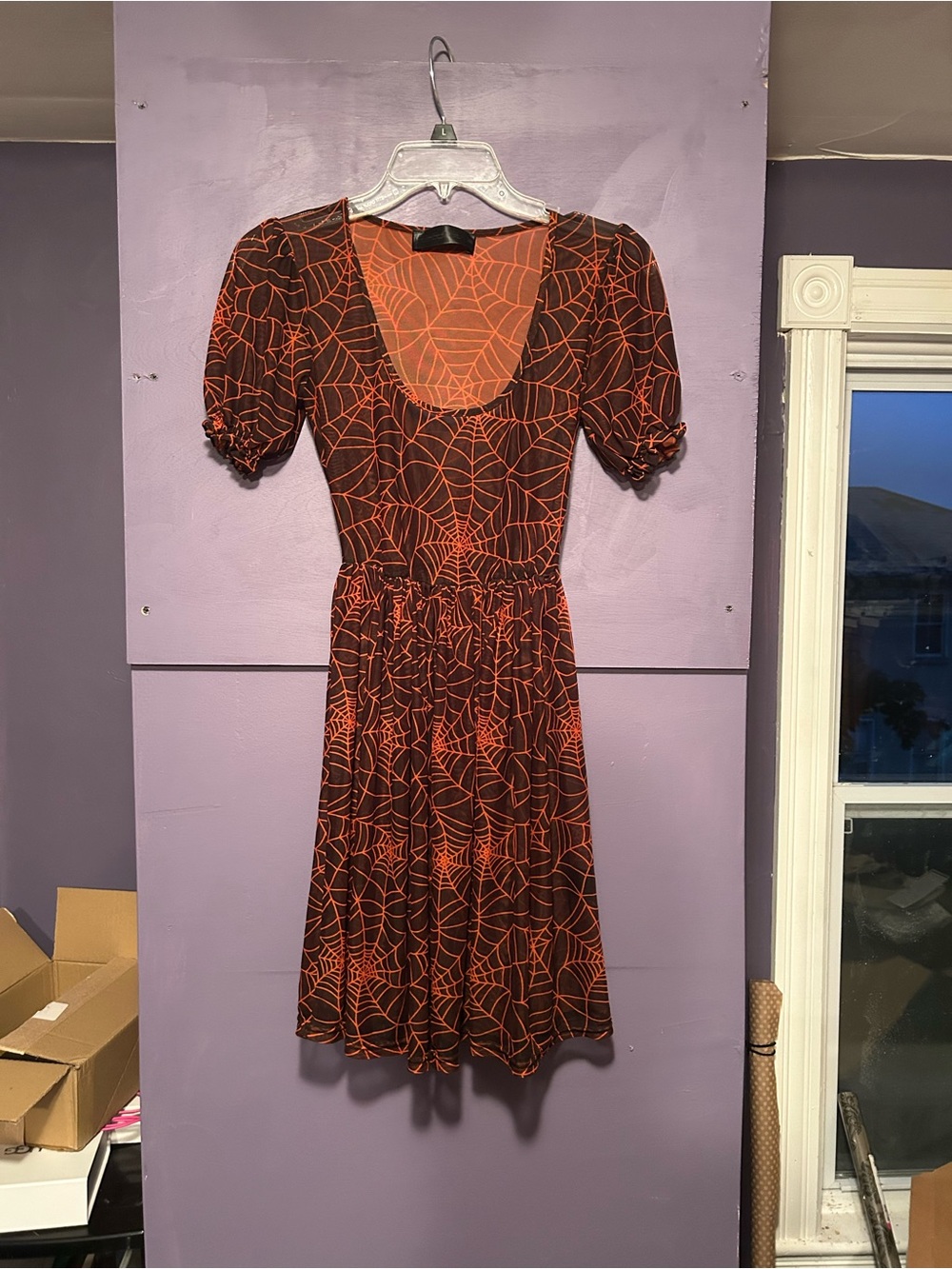 Foxblood spiderweb dress with orange spiderweb pattern, size XS